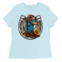 Baby Blue western horseshoe boots hat rope sunflower Ladies Tee - AdoDesignShop