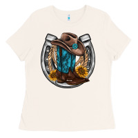 Western Horseshoe Boots Hat Rope Sunflower Ladies Tee | Teevron
