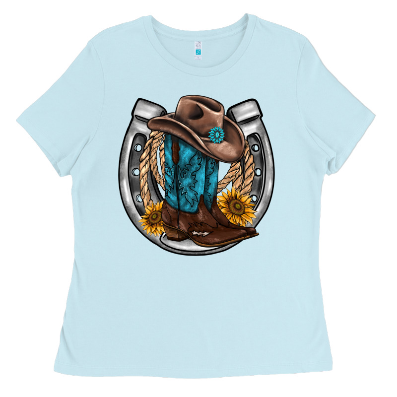 Western Horseshoe Boots Hat Rope Sunflower Ladies Tee by AdoDesignShop | Teevron