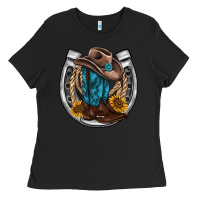 Black western horseshoe boots hat rope sunflower Ladies Tee - AdoDesignShop