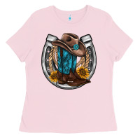 Bubblegum Pink western horseshoe boots hat rope sunflower Ladies Tee - AdoDesignShop