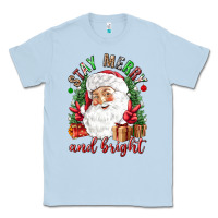 Dusty Blue Stay Merry and bright Christmas with santa Classic Tee - NancyCooperArtShop