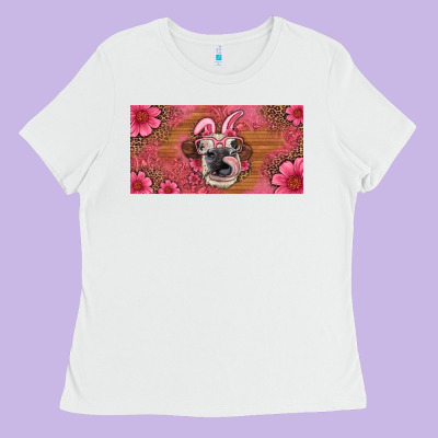 Easter Heifer With Bunny Ears And Glasses License Plate Ladies Tee Designed By Artiststas