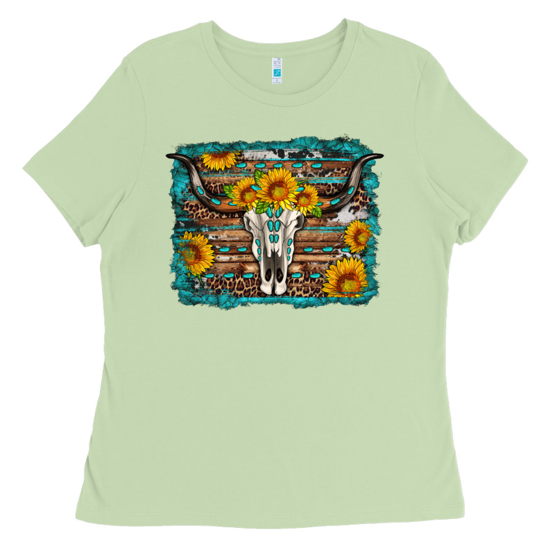 Longhorn Bull Skull Western Turquoise Background Ladies Tee by Artiststas | Teevron