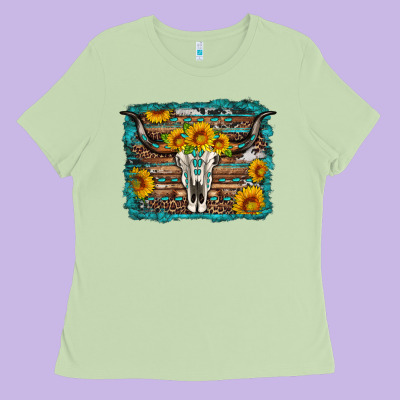 Longhorn Bull Skull Western Turquoise Background Ladies Tee Designed By Artiststas