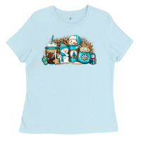 Baby Blue winter snowman coffee cups Ladies Tee - Jasminsmagicworld