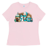 Bubblegum Pink winter snowman coffee cups Ladies Tee - Jasminsmagicworld