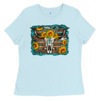 Baby Blue longhorn bull skull western turquoise background Ladies Tee - Artiststas