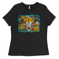 Black longhorn bull skull western turquoise background Ladies Tee - Artiststas