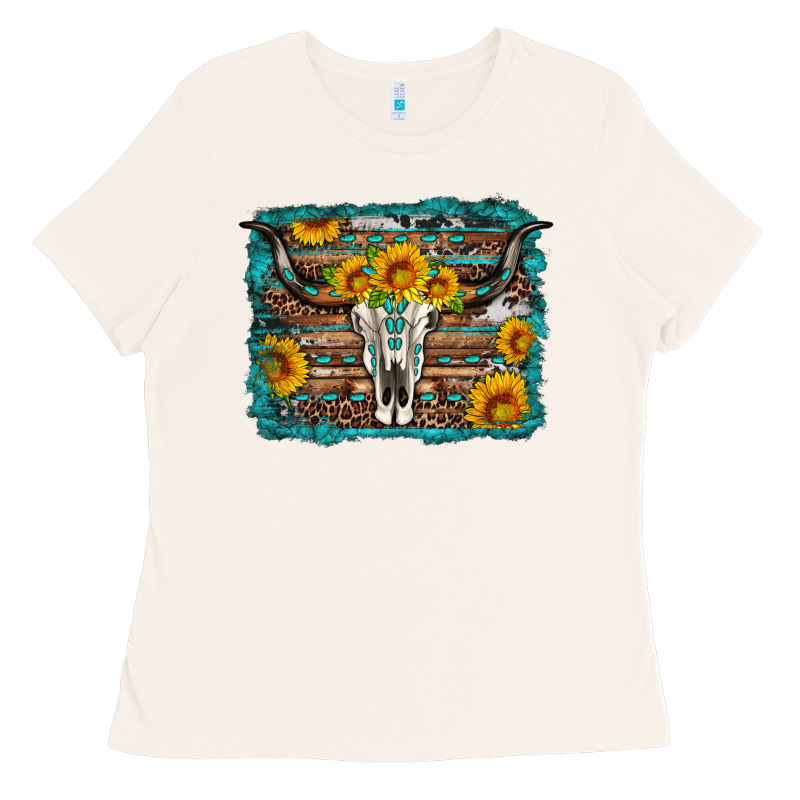 Longhorn Bull Skull Western Turquoise Background Ladies Tee by Artiststas | Teevron
