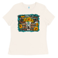 Bone longhorn bull skull western turquoise background Ladies Tee - Artiststas
