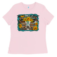 Bubblegum Pink longhorn bull skull western turquoise background Ladies Tee - Artiststas