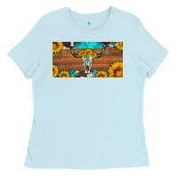 Baby Blue longhorn bull skull license plate Ladies Tee - Artiststas