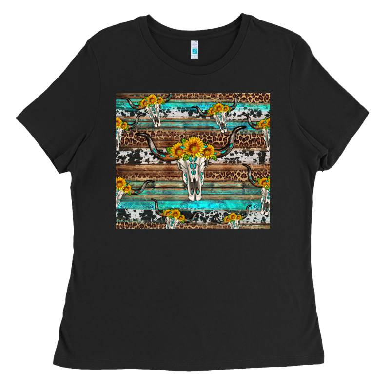 Longhorn Bull Skull Cowhide Leopard Turquoise Ladies Tee by Artiststas | Teevron