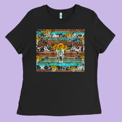 Longhorn Bull Skull Cowhide Leopard Turquoise Ladies Tee Designed By Artiststas