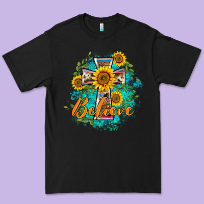 Western Belive Sunflowers Cross Premium Tee Designed By Barkaloodesign