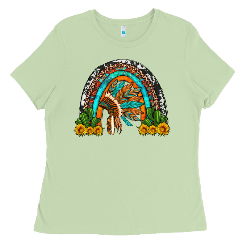 Indian Headdress Cactus And Sunflowers Rainbow Ladies Tee by Artiststas | Teevron