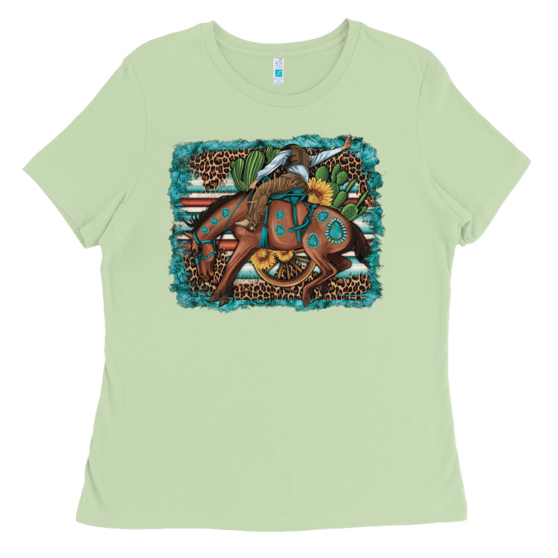 Bucking Bronco Cowboy Rodeo Cactus And Sunflowers Ladies Tee by Artiststas | Teevron