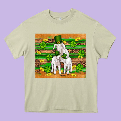 St Patricks Goat Family Shamrock Gold Serape Leopard Glitter Wooden Tu Heavy Core Tee Designed By Artiststas