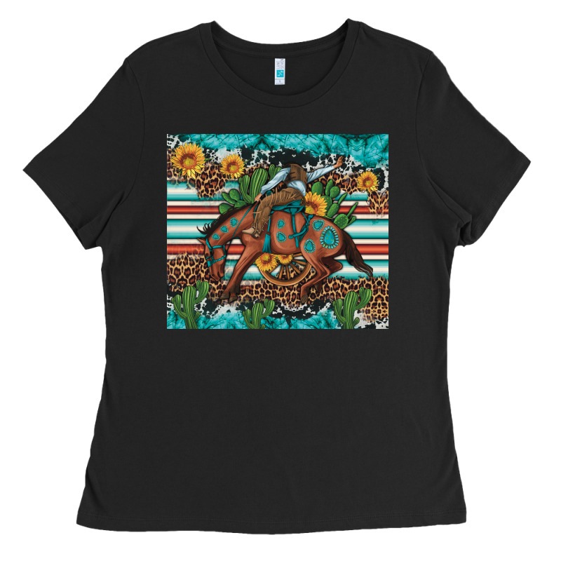 Bucking Bronco Cowboy Rodeo Cactus And Sunflowers Ladies Tee by Artiststas | Teevron