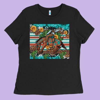 Bucking Bronco Cowboy Rodeo Cactus And Sunflowers Ladies Tee Designed By Artiststas