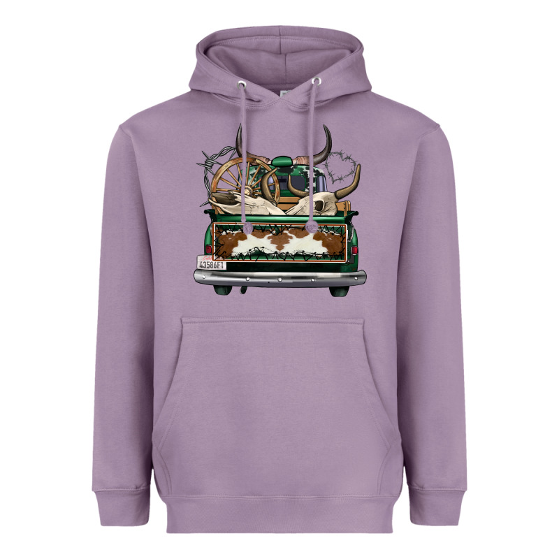 Cowhide And Hunter Truck Olivia Heavyweight Hoodie by OliviaCreatesArt | Teevron