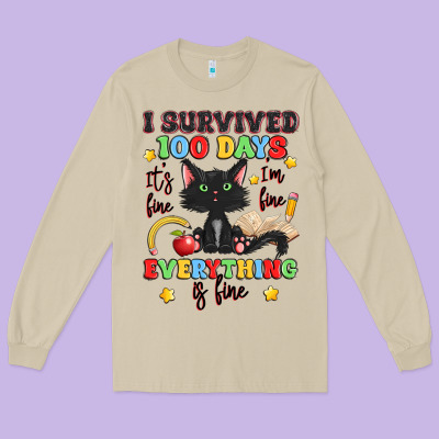 I Survived 100 Days It's Fine I'm Fine Long Sleeve Tee Designed By Artiststas
