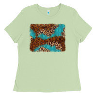 Matcha turquoise glitter leopard background Ladies Tee - AdoDesignShop