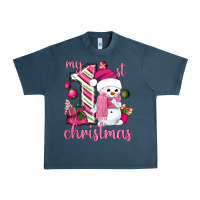 Midnight Navy My 1st. pink Christmas with cute snowman Urban Heavy Tee - NancyCooperArtShop