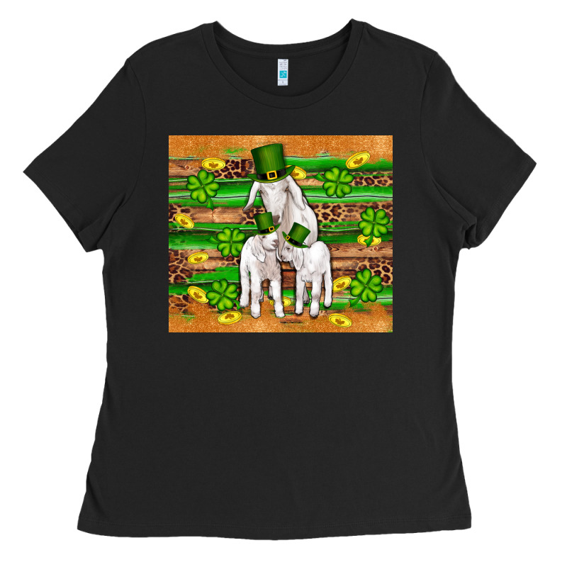 St Patricks Goat Family Shamrock Gold Serape Leopard Glitter Wooden Tu Ladies Tee by Artiststas | Teevron