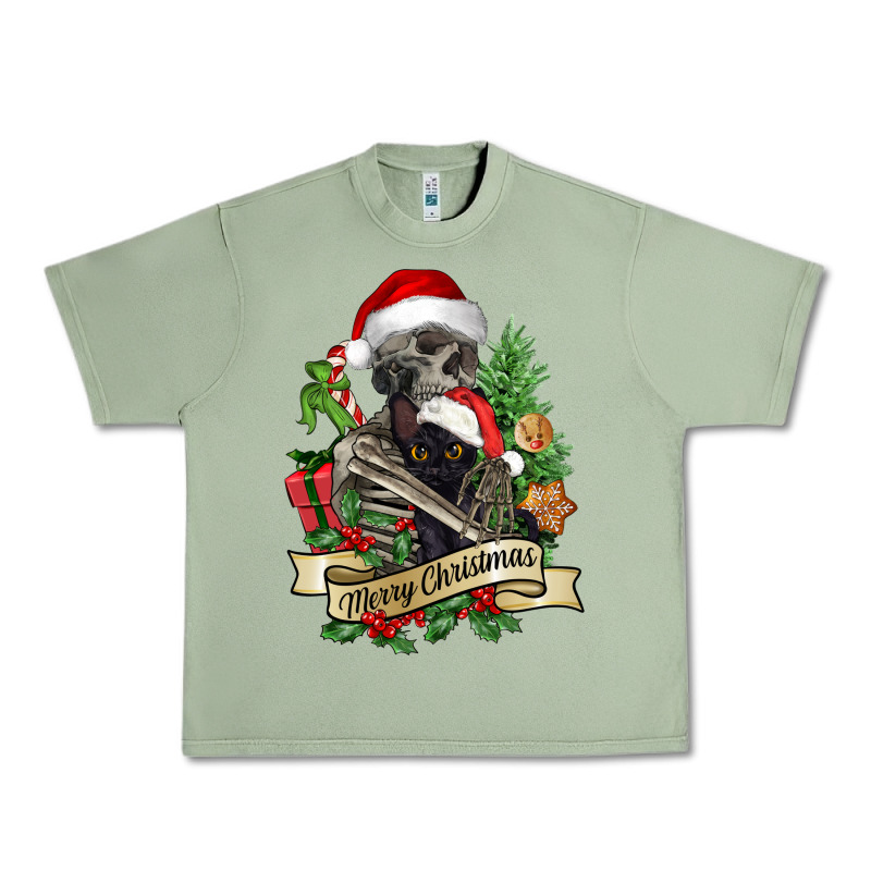Merry Christmas Skeleton With Black Cat Urban Heavy Tee by NancyCooperArtShop | Teevron