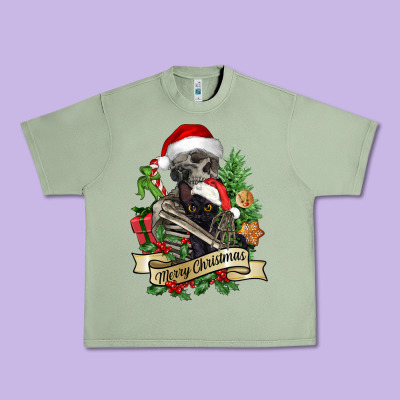 Merry Christmas Skeleton With Black Cat Urban Heavy Tee Designed By Nancycooperartshop
