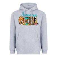 Heather Grey American Girl, western Cowhide Heavyweight Hoodie - CowCowDesign
