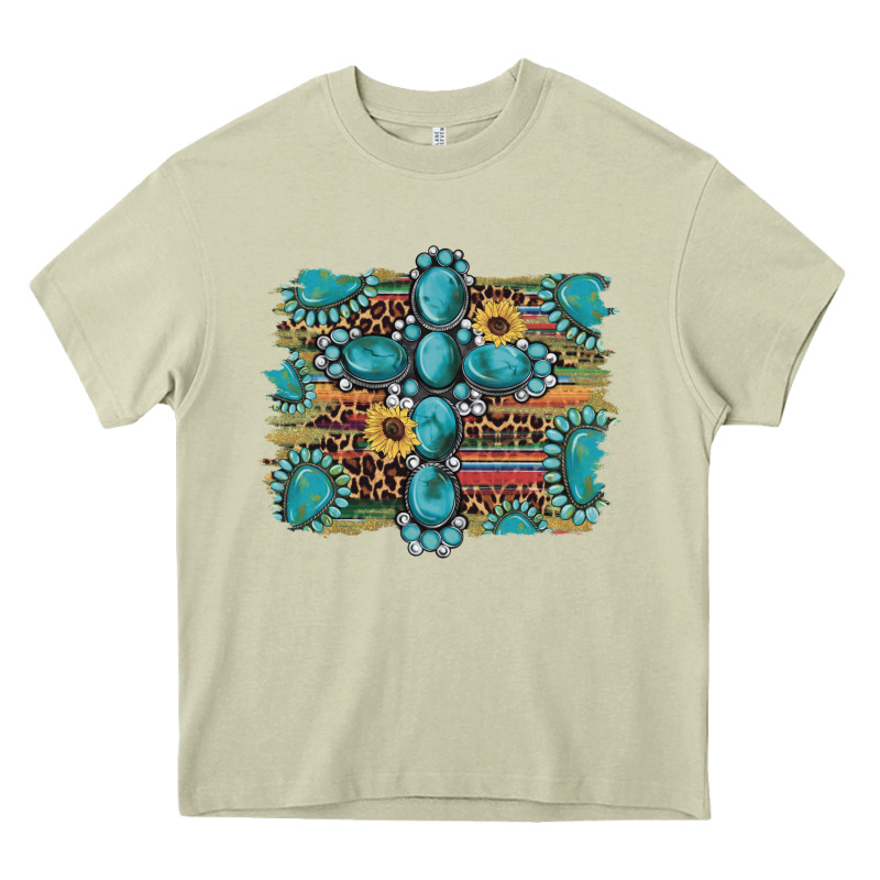 Western Gemstone Cross Sunflowers Serape Leopard Glitter Heavy Core Tee by Artiststas | Teevron