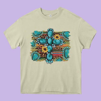 Western Gemstone Cross Sunflowers Serape Leopard Glitter Heavy Core Tee Designed By Artiststas