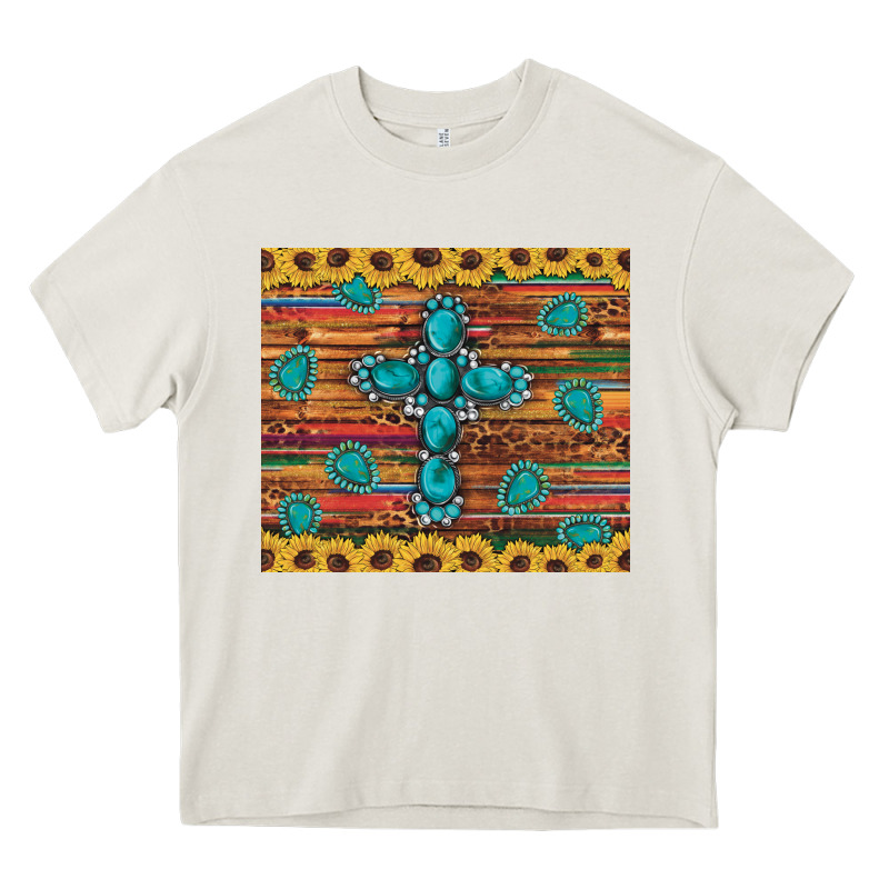 Western Gemstone Cross Sunflowers Leopard Serape Glitter Wooden Tumble Heavy Core Tee by Artiststas | Teevron