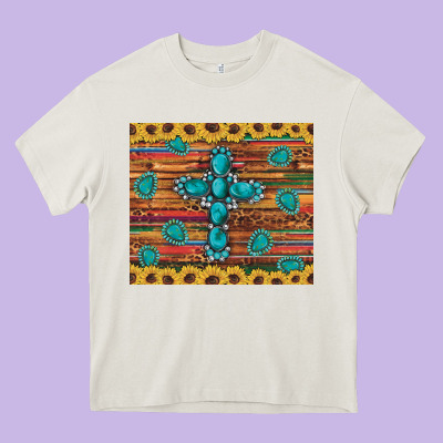 Western Gemstone Cross Sunflowers Leopard Serape Glitter Wooden Tumble Heavy Core Tee Designed By Artiststas