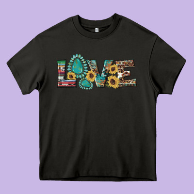 Western Gemstone Sunflowers Serape Leopard Turquoise Love Heavy Core Tee Designed By Artiststas