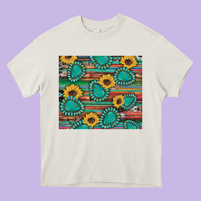 Western Gemstone Sunflowers Serape Cowhide Glitter Wooden Heavy Core Tee Designed By Artiststas