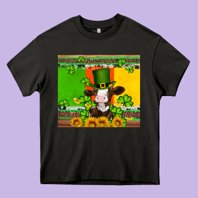 Saint Patricks Cow And Hat With Sunflower And Shamrock Heavy Core Tee Designed By Artiststas