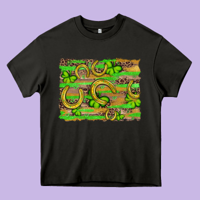Horseshoe Shamrock Leopard Wood Glitter Background Heavy Core Tee Designed By Artiststas