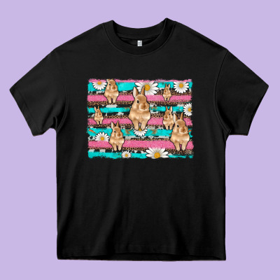Easter Bunny With Daisy And Turquoise Cowhide Leopard  Background Heavy Core Tee Designed By Artiststas