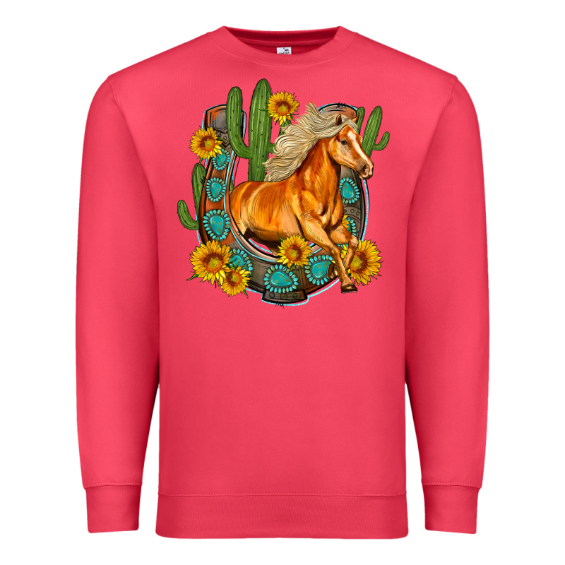 Western Horse Cactus Sunflowers Horseshoe Premium Sweatshirt by OliviaCreatesArt | Teevron