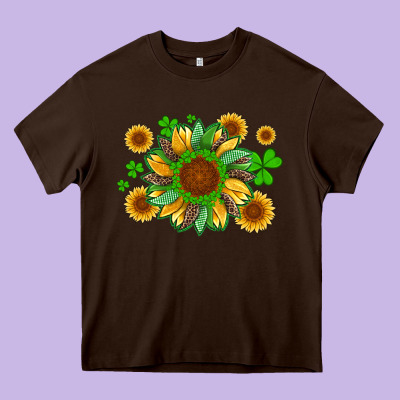 St Patricks Sunflowers With Shamrock And Glitters With Leopard Heavy Core Tee Designed By Artiststas