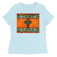 Baby Blue sunflowers cross aztec pattern Ladies Tee - Jasminsmagicworld