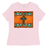 Bubblegum Pink sunflowers cross aztec pattern Ladies Tee - Jasminsmagicworld