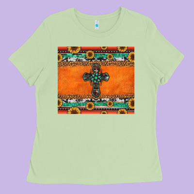 Sunflowers Cross Aztec Pattern Ladies Tee Designed By Jasminsmagicworld