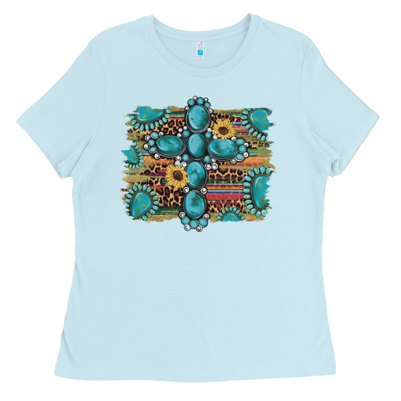 Western Gemstone Cross Sunflowers Serape Leopard Glitter Ladies Tee by Artiststas | Teevron