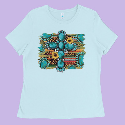 Western Gemstone Cross Sunflowers Serape Leopard Glitter Ladies Tee Designed By Artiststas