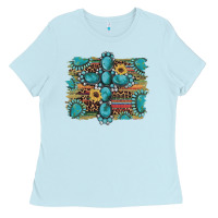 Baby Blue western gemstone cross sunflowers serape leopard glitter Ladies Tee - Artiststas